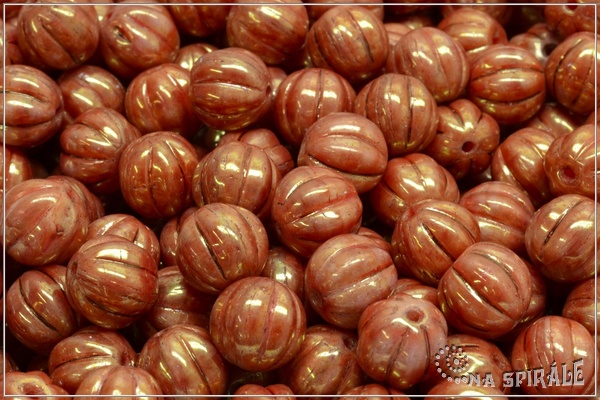 Meloun - melon bead 8 mm, red+chalk, red luster, 12 ks