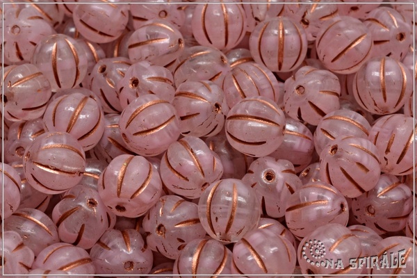 Meloun - melon bead 8 mm, pink+crystal copper wash, 12 ks