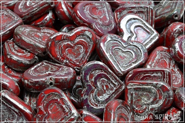 Vintage Heart in Heart 14x16 mm, Opaque Red Picasso, 3 ks