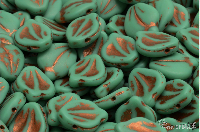 Peony Petal 12x15 mm - Opaque Green Turquoise Matted, Copper Wash, 10 ks