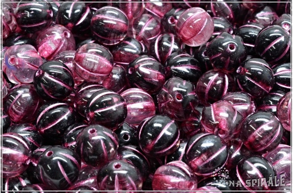 Meloun - melon bead 8 mm, Jet+Crystal, Pink Wash, 12 ks