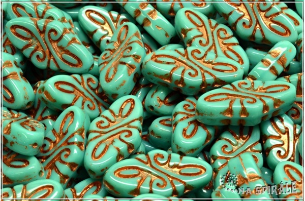 Arabeska-Arabesque, 19x9 mm, Opaque Green Turquoise Copper Wash, 4 ks