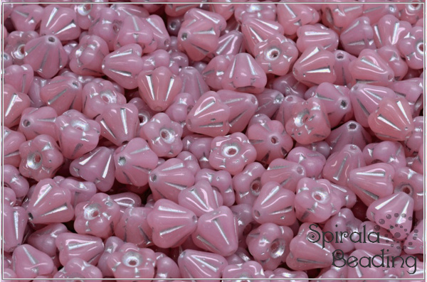 Kytiky - Zvoneky, 6x4 mm, Pink Opal Silver Wash, 25 ks