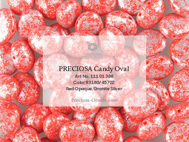Preciosa Candy Oval 4x6 mm, Opaque Red Silver Splash, 20 ks