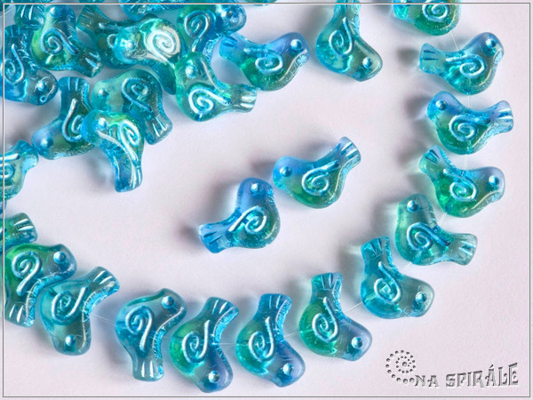 Pt��ek holubice - Dove Bird 10x16 mm, Blue-Green Bicolor Lt Blue Wash, 2 ks