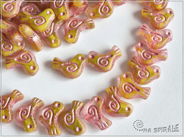 Pt��ek holubice - Dove Bird 10x16 mm, Yellow-Crystal Bicolor Pink Wash, 2 ks