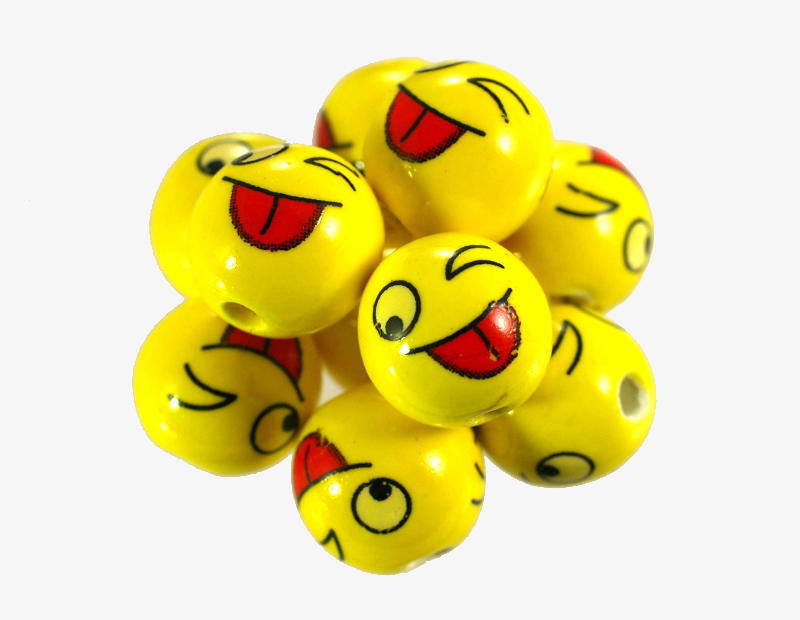 Keramick korlek, hlavika - smajlk lut, vyplazen jazyk, 14 mm, 1 ks